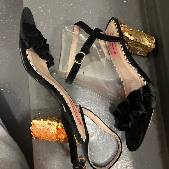 Betsey Johnson Iliana BlackRuffle Ankle Velvet Sequin Block Heels Size 7… - Picture 4 of 15